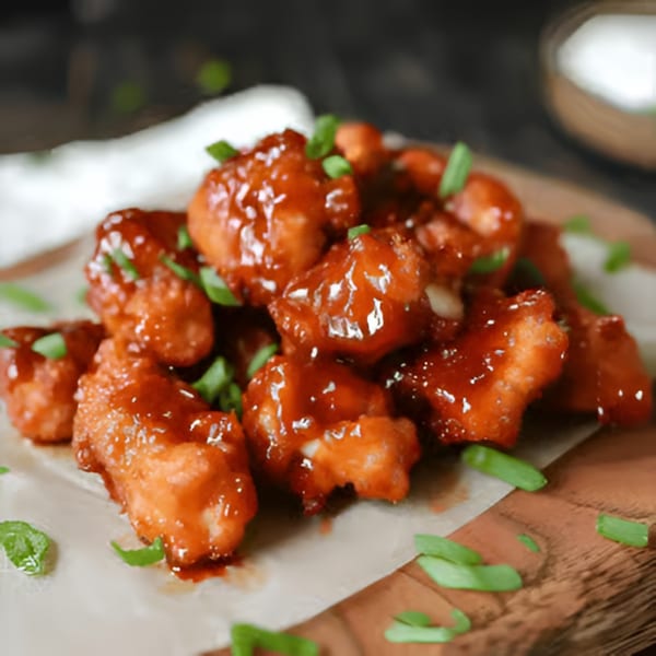 Sweet and sour chicken bites, garnished with green onions, on a wooden board at Mike's Pizzeria.