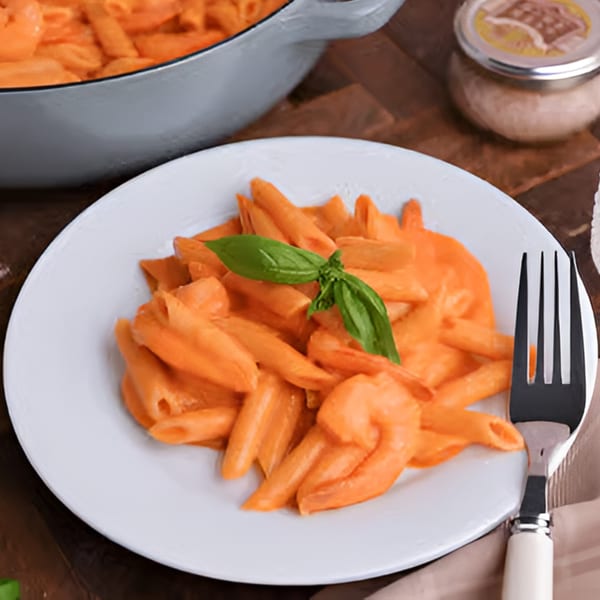 Penne pasta in a creamy orange sauce, garnished with fresh basil on a white plate.