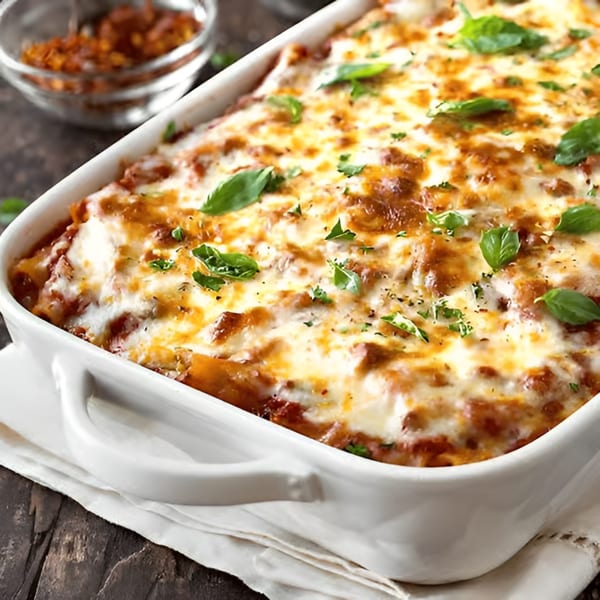 Baked ziti or lasagna in a white casserole dish, topped with melted cheese and fresh basil.